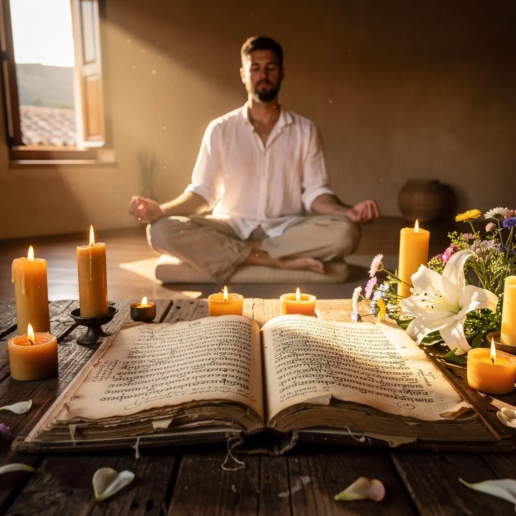 Imagen de un antiguo texto de filosofía del yoga, con ilustraciones de posturas y enseñanzas tradicionales.