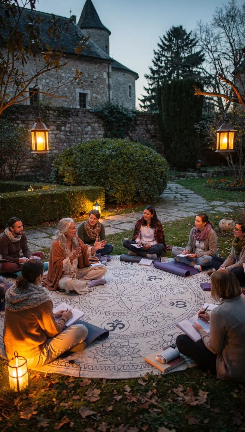 Una meditación guiada en un estudio iluminado, con velas y cojines cómodos.