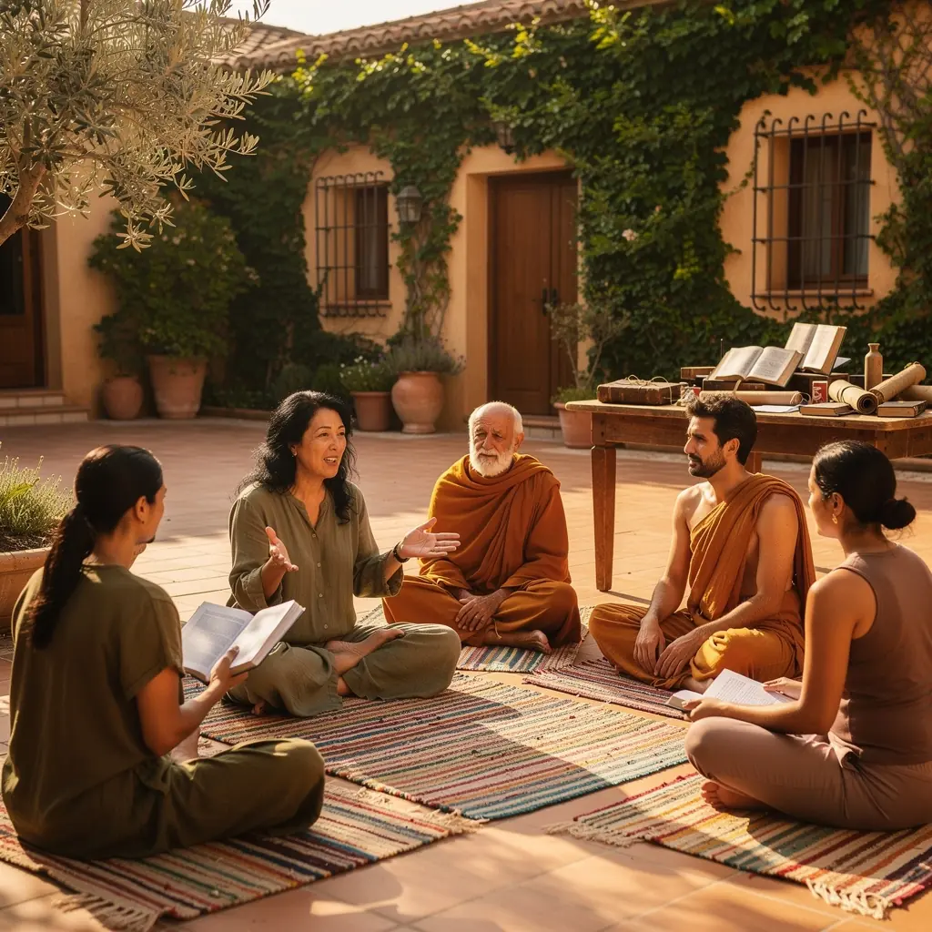 Una figura meditando en una postura de loto, con símbolos de la filosofía del yoga en el fondo.