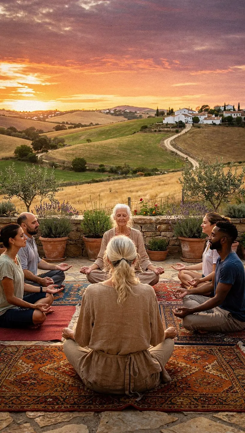 Un libro antiguo abierto que muestra los sutras de yoga, con una vela encendida al lado.