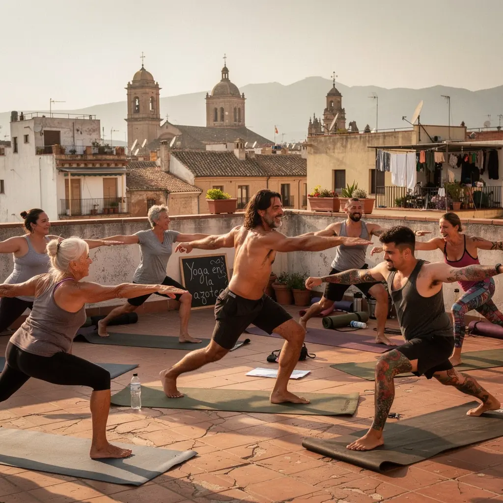 Un libro antiguo abierto que muestra los sutras de yoga, con una vela encendida al lado.