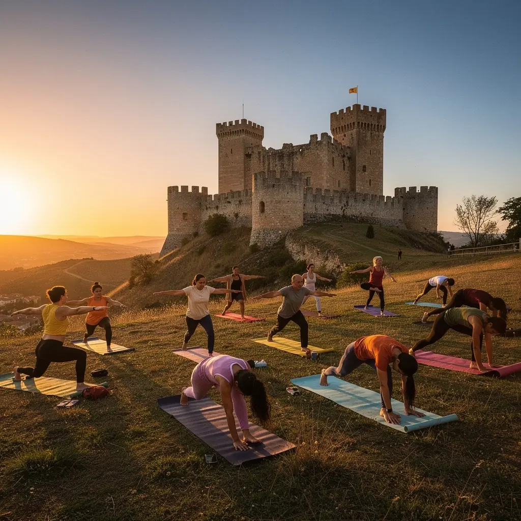 Un libro antiguo abierto que muestra los sutras de yoga, con una vela encendida al lado.