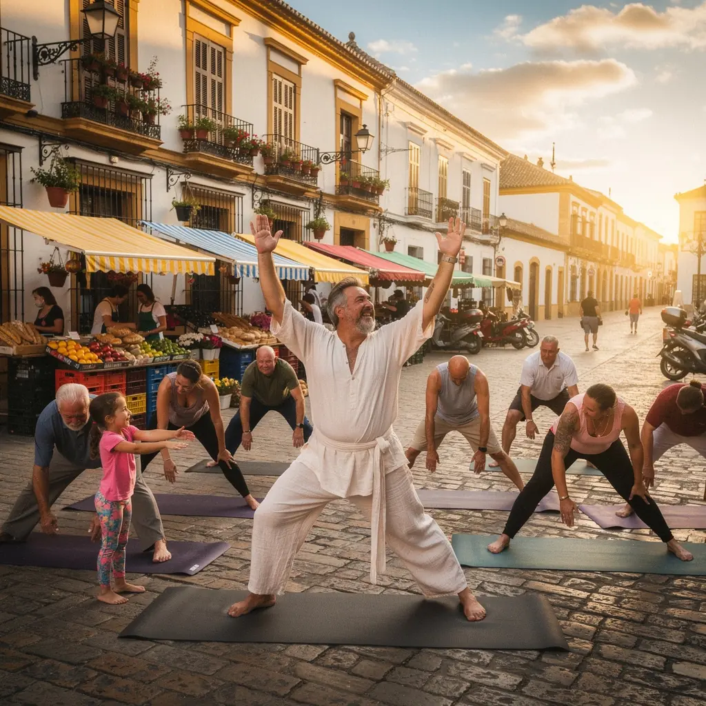 Un grupo de personas practicando yoga en un entorno natural, rodeados de montañas y vegetación.