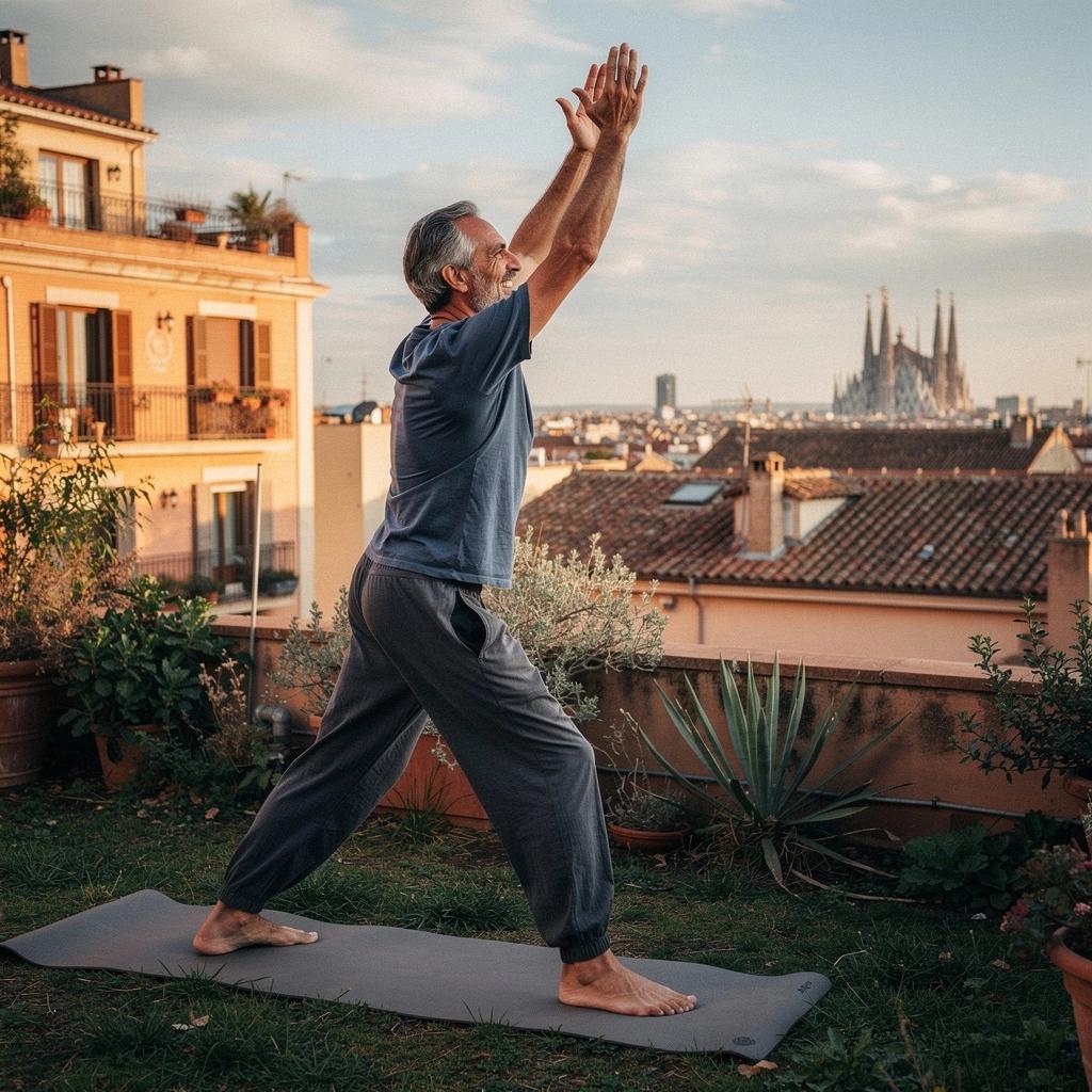 Escena de una clase de yoga al amanecer, con luz suave iluminando a los practicantes en armonía.